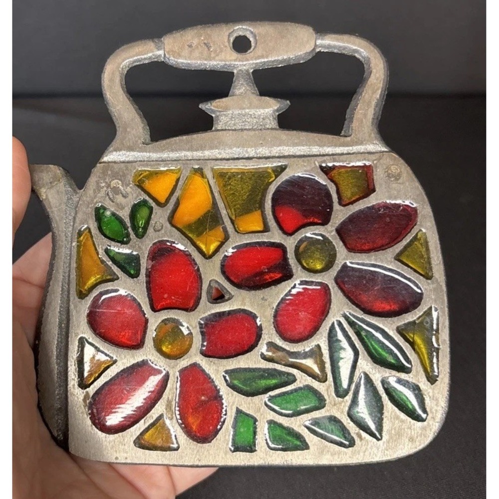 Vintage Cast Iron/Stained Glass Trivet For Tea‎ Kettle w/Flowers